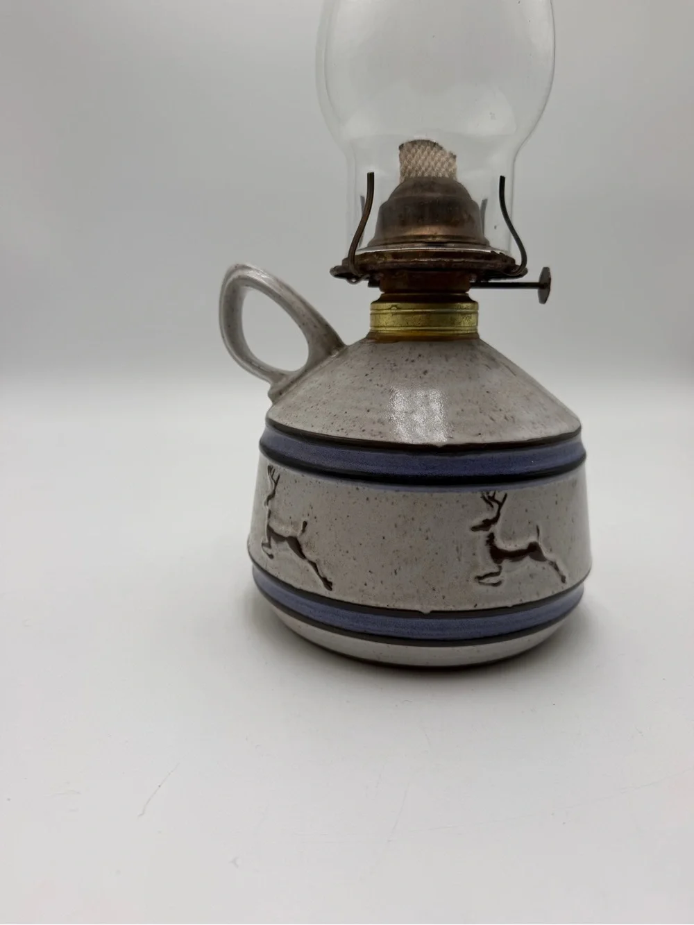 Vintage Onion River Pottery Vermont Oil Lamp Deer Stoneware Cabincore Lodges